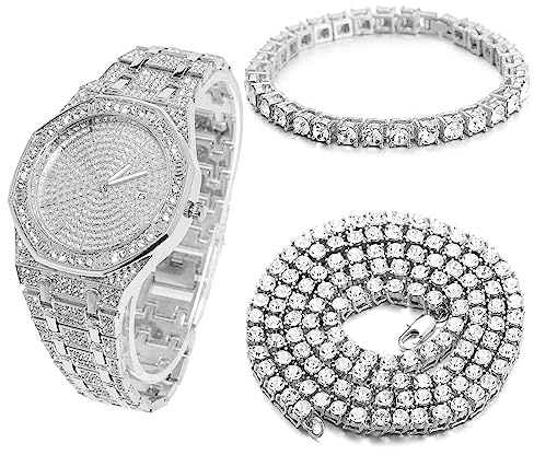 HALUKAKAH Orologio Oro con Diamanti,Uomo Placcato Platino Oro Bianco Quarzo Cinturino 22cm Quadrante Ottagonale,con Catena da Tennis Bracciale 20cm + Collana 45cm,Viene Fornito con Pacco Regalo