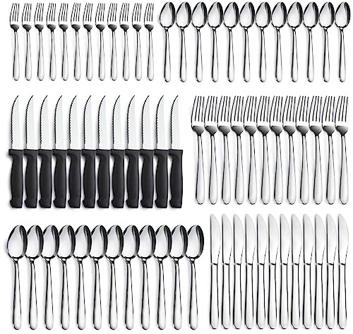 Pleafind 72-Pieces Silverware Set for 12, Flatware Set with Steak Knives, Stainless Steel Cutlery Set, Include Forks Spoons and Knives Set, Dishwasher Safe Utensil Sets for Home Restaurant