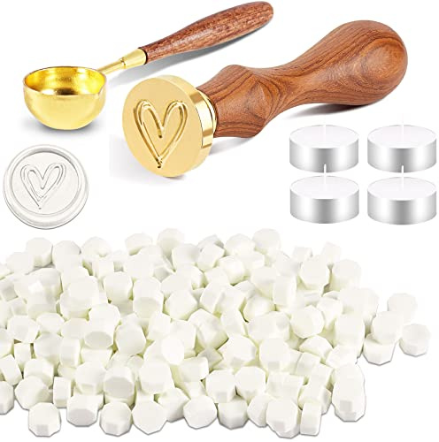 Foonii Set di Timbro Ceralacca, con 200 Perline di Cera per Sigillo, 1 Timbro sigillo per Ceralacca, 1 Cucchiaio, 4 Candele, per Buste/inviti/Biglietti/Regalo - (Cuore, Bianco Perlato)