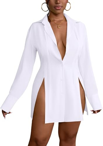 LYANER Women's Button Down Shirt Dress Collared Long Sleeve Sexy Tops Slit Hem Long Shirts White Medium