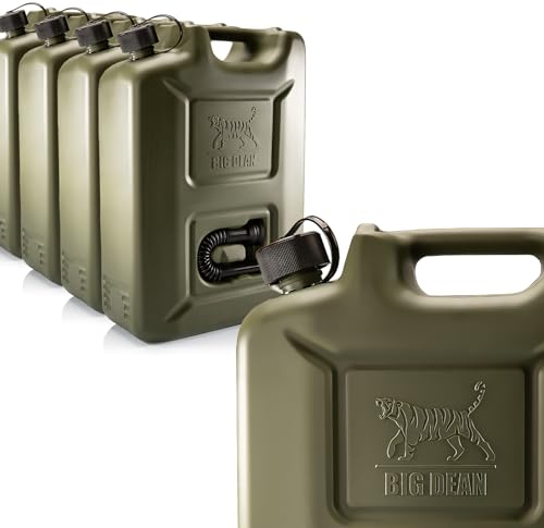 BigDean 4 Stück Benzinkanister 20L in Olivgrün mit flexiblem Ausgießer - Kraftstoffkanister für Benzin & Diesel - Kanister Dieselkanister Reservekanister - Made in Germany