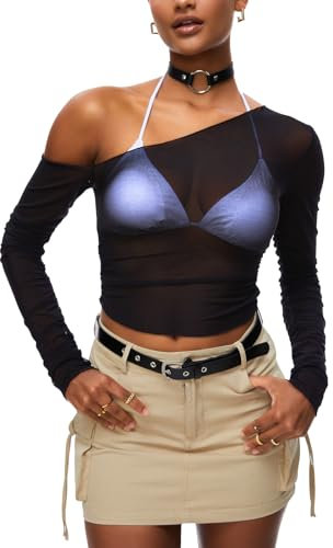 HAWILAND Damen Netz Oberteil - Transparenter Netztop One Shoulder durchsichtiges Mesh Top Rave Outfit für Party Club #1 Schwarz L