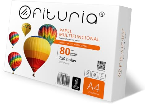 Blätter A4, Universalpapier für Drucker und Kopierer, Weißes A4-Papier für Arbeitsumgebungen und den Hausgebrauch, Blätter DIN A4 80g/m², Paket mit Blättern - Ofituria (250 Blatt)
