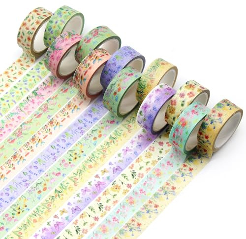 Benvo 12 Rolls Floral Washi Tape 15 mm Wide Flower Masking Tape Decorative Paper Tape for Journals, Scrapbooks,Vision Boards, Planners, Envelope DIY(5m Long Each Roll, 12 Flowers Pattern A)
