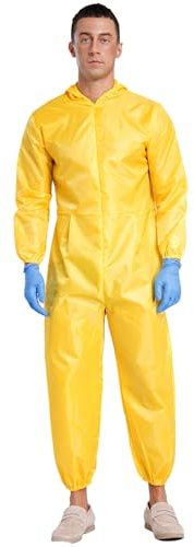 MSemis Arbeits-Overall mit Kapuze Herren Ganzkörper Langarm Jumpsuit + Latex Handschuhe Mechanisch Overall Schutzanzug Gelb L