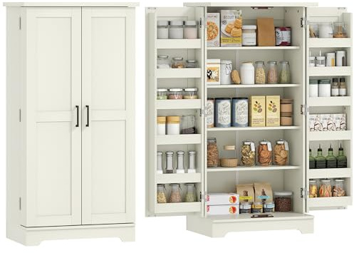 HOMCOM Credenza da cucina, mobile da cucina, armadio per porcellane, 5 livelli, con ante e ripiani regolabili, 60 x 40 x 120 cm, venatura del legno, crema