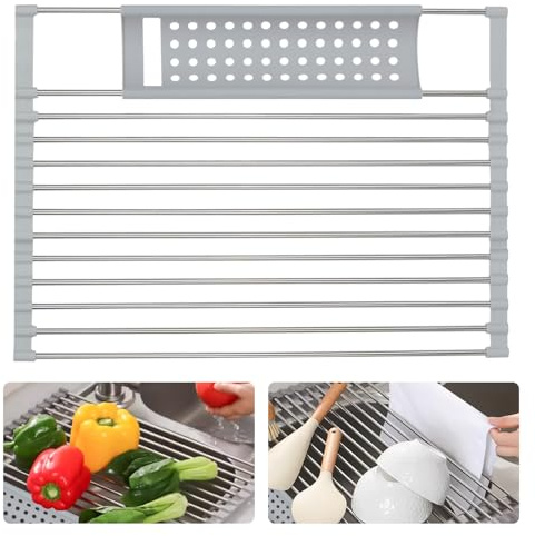 HMIEPRS Roll Up Dish Drying Rack with Utensil Holder, Foldable Over The Sink Dish Drainer Rack, Stainless Steel Kitchen Rolling Dishes Drying Rack for Kitchen Sink Counter Storage (Gray, 18 x 13 in)