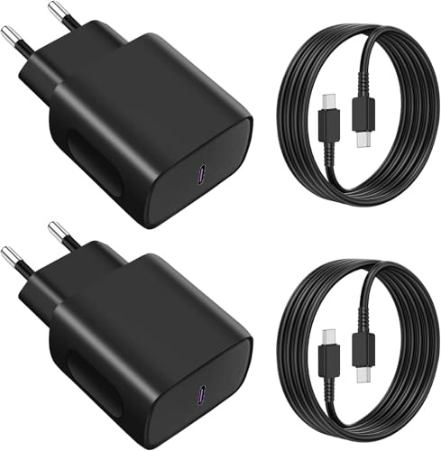 Chargeur USB C Rapide 25W X 2 +2MX2 USBC Cable, USB C Secteur Adaptateur Charge Secteur pour Samsung S25/S24/S23/ S22 /S21 /S21 Ultra,S20 FE, A16/A15/A14/A54/A53/A34, pour iPhone Huawei Xiaomi