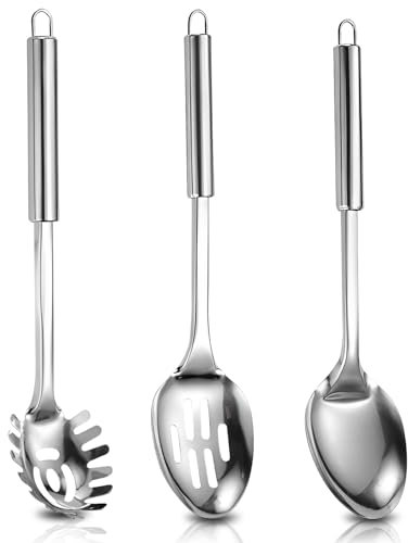 Cooking Spoon Set, 3 PCS Stainless Steel Slotted Spoon, Serving Spoons Large & Pasta Fork Kitchen Cooking Utensils Set for Mixing, Serving, Stiring Large Spoons