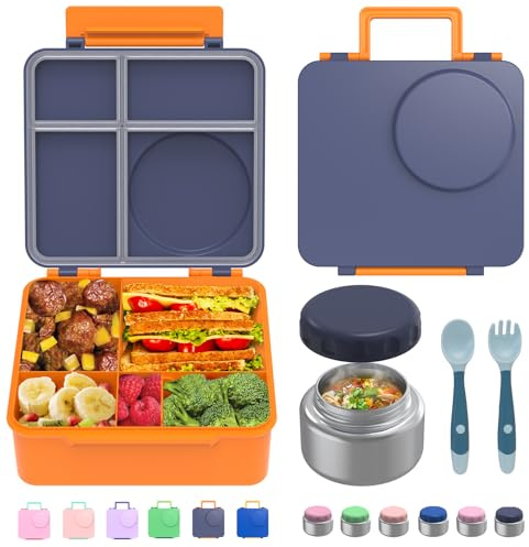 JoyYum Bento Box for Kids - Leak-Proof Bento Lunch Box with Insulated Thermos Food Jar - 4 Compartments, 1 Removable Divider, 1Spoon, 1 Fork - Dishwasher Safe, BPA-Free (Navy blue)