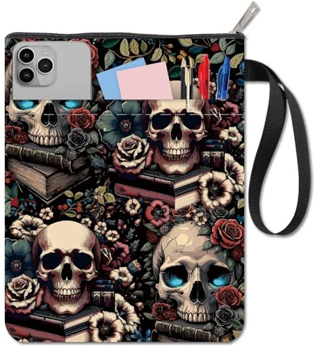 craspire Buchhülle Mit Totenkopf Motiv Rosen Blumenmuster Für Hardcover Lesezubehör Waschbarer Stoff Mit Blumendruck Und Reißverschluss Zusätzliche Tasche Für Hardcover Notizbuch Klassenkameraden