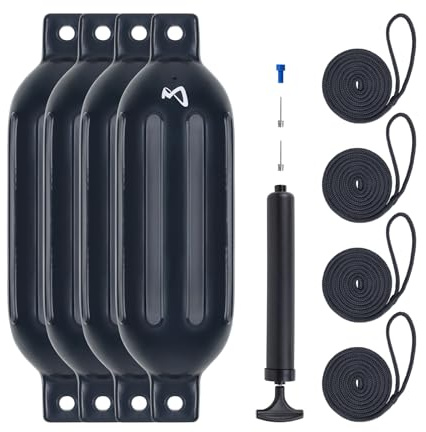 Mesle Fender Boot Dura 4er Set mit Leine & Pumpe, ø 11 cm | 40 cm lang, Langfender aufblasbar, Bootsfender, Fender Schiff Yacht Schlauchboot