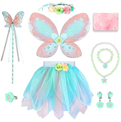 TOSZOLY Costume da Fata Bambina, Set 8 Pezzi con Ali di Farfalla, Tutu, Corona, Bacchetta Magica e Gioielli, Vestito da Principessa per Halloween, Carnevale, Compleanni, Regalo 3-6 Anni