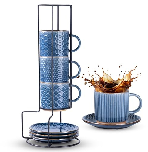 GBHOME Juego de 4 tazas de café y platillos apilables de 220 ml con soporte, tazas de café de cerámica con patrón de textura para hombre, mujer, padre, madre, café con leche, capuchino, cacao.