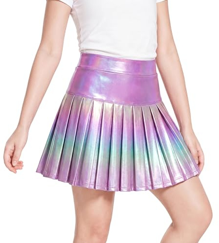 Miipat Gonna Metallizzata A Pieghe per Bambina, Plissettata Gonna con a Pantaloncini Interni e Tasche Ragazze Minigonna Vita Elastica per Bambini Festa Danza Tennis(Viola,7-8Anni)