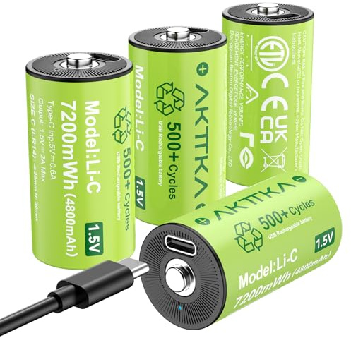 AKTTKA Pack de 4 pilas C recargables, LR14/AM2, 1,5 V, 7200 mWh, más de 500 ciclos de carga, cable de carga USB-C incluido, para linterna, lámpara de camping, radio, luz de emergencia y juguetes