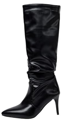 Stivali al Ginocchio in Ecopelle da Donna, Stivali a Spillo con Punta a Punta Stivali Slouchy con Tacco Alto, Stivali al Polpaccio alla Moda Autunno Inverno