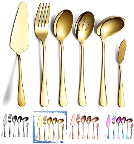 HOMQUEN Set di Posate da Portata in 6 Pezzi in Oro, Posate per Dolci, Cucchiaio da Portata con Fessure, Cucchiaio da Portata, Forchetta per Carne Fredda, Coltello da Burro, Mestolo da Minestra