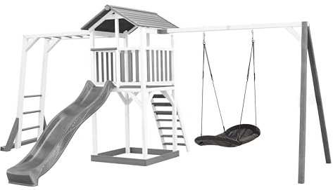 AXI Beach Tower Wooden Play Tower in Grey and White | Play tower with sandpit, climbing frame, nesting swing and grey slide | Play house on stilts for the garden