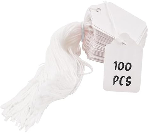 Swift Strung Tags White Card Clothing Parcel Label String Hanging Gift Swing Tickets Kraft Hang Price Labelling 37mm x 24mm (Pack of 100)