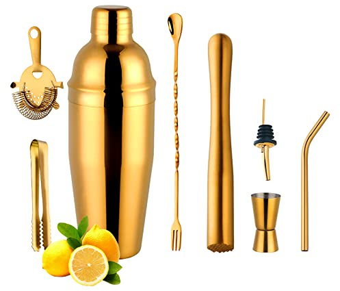 Buyer Star 8Pcs Gold Cocktail Shaker Set, 750ml Stainless Steel Martini Shaker Bottle, Muddler, Strainer, Jigger, Pourer, Mixer Spoon Bar Tools Bartending Kit Gift