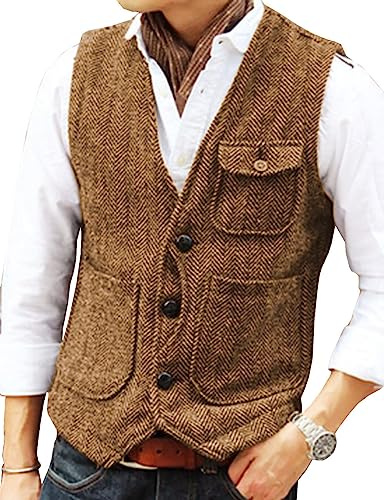 Solovedress Gilet Costume Homme Vintage Sans Manche Mariage Tweed Décontractée Col V La laine(brun, L)