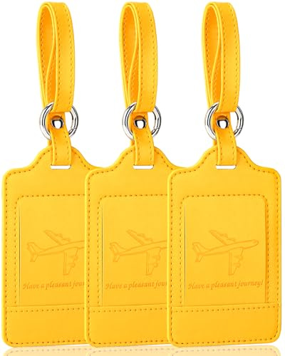 Teskyer 3 Piezas Identificador Maletas Viaje, Etiqueta Maleta Viaje, Etiquetas para Maletas de Viaje, Notable, Duradero, Cuero de PU, con Tarjeta de Identificación de Nombre, Amarillo