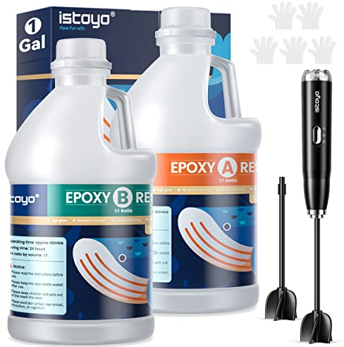 ISTOYO Epoxidharz, 1Gallone/3,78L Epoxidharz Set mit Epoxidharz Mixer, Harz mit Härter 1:1, Kristallklar Keine Blasen Harz Liefert für Kunst Gießharz, Gussbeschichtung Holz, Harzforme