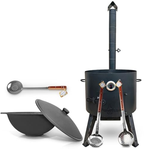 Utschak Feuerofen Gusseisen Topf flacher Boden mit Deckel (22 L) KazanoFF, Учаг, Kazan Outdoor, Feuerschale, Camping, Kasan, Gulaschkanone Dutch Oven (Set 22F-3)