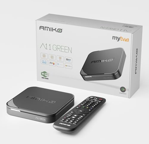 AMIKO A11 Green 4K UHD Android 11 TV Box, Dual Band WiFi WLAN, HDR10+, HLG, 2GB RAM & 16GB Flash, TV Receiver, Bluetooth 4.0, My TV3, SD-Kartenplatz, USB 2.0 & 3.0, HEVC, Infrarot Anschluss