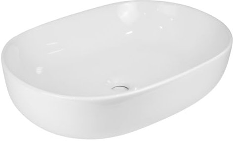 Lavabo Da Appoggio Ceramica Bianco Ovale Arredo Bagno Lavandino 60x40x15 Cm Con Foro Scarico Centrale (Lucido)