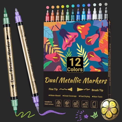 AOSUCO Metallic Stifte - 12 Farben Dual Tip Metallic Marker Stifte Set für Fotoalbum zum Selbstgestalten, Gästebuch Hochzeit, Gästebuch Geburtstag, Scrapbook, Schwarzes Papier, Steine, Holz Bemalen