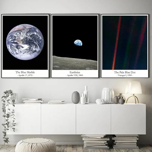 SHINERING The Pale Blue Dot Earthrise Tela Dipinto Marmo Blu Foto Terra Poster Spazio Stampa Astronomia Scienza Wall Art Room Decor 30Cmx40Cmx3Pcs Senza Telaio