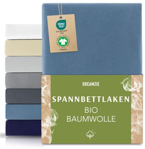 Dreamzie Premium Spannbettlaken 90x200cm bis 100x200cm Blau, Spannbetttuch aus 100% Jersey Biobaumwolle, 150 g/m² - Oeko-TEX
