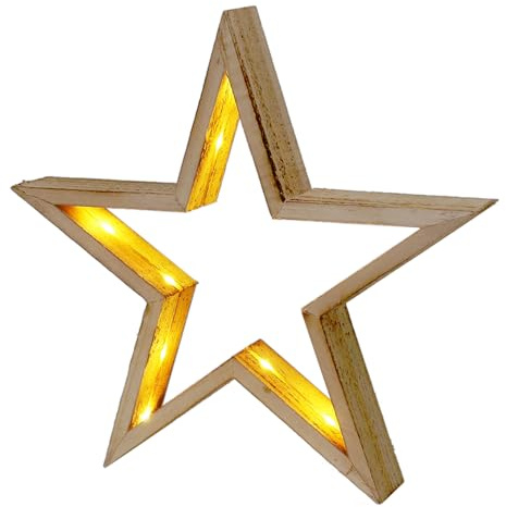 Spetebo Estrella LED de madera natural para colgar con temporizador - 29 cm - Estrella de Navidad iluminada a batería - Decoración de ventana para Navidad, Adviento, Invierno