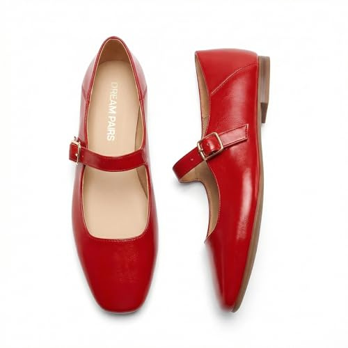 DREAM PAIRS Women's Square Toe Mary Jane Flats,Red,9