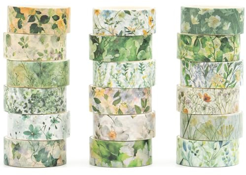 Songdao Blumen Washi Tape Set 18 Rollen Dekoratives Klebeband Bunt für Scrapbooking, Bullet Tagebuch, Planer, Geschenkverpackung (Emerald Vines)