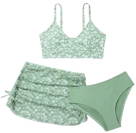 Happy Cherry Niñas Traje de Baño 3 Piezas Bikini Top con Cubre Falda de Playa Niñas Natación Traje de Surf Trajes de Baño Estampado Floral 8-14 Años, Verde, 12-13 Years