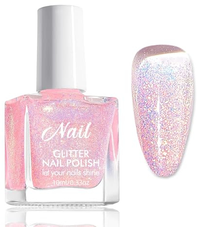 Glitzer Nagellack Rosa - Ungiftiger Nagellack Auf Wasserbasis für Frauen - Schnelltrocknend Nagelack - Reflective Glitter Nail Polish für DIY-Nagelkunst Zu Hause (Transparent Pink, 10 Ml)