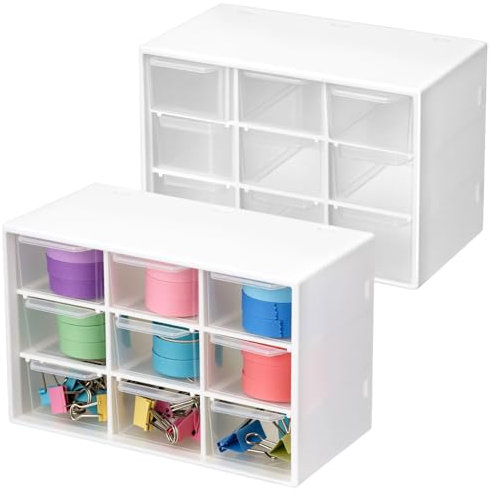 QWORK® 2 Pezzi organizer cassetti, mini portaoggetti con 9 cassetti, scatola di cassetti trasparenti in plastica, per ufficio, cosmetici e accessori