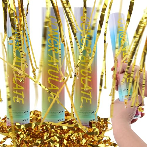 Canon à Confettis Doré*4pcs, SilverChry Party Popper, Lanceur Cotillons CanonConfettis Anniversaire, TubeConfettis Mariage, Canon Confettis Fête, TubeConfettis Explosif (long fil)