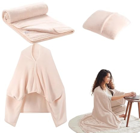 TRAVEL – Manta de avión – Manta de viaje y almohada, edredón compacto combo | Poncho portátil para adultos, manta de avión de franela suave para viajar