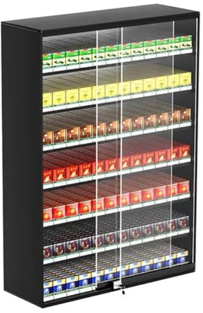 Cigarettdisplayfodral – väggmonterad hylla med skjutdörr och lås för 5/10-pack cigaretter – perfekt för butiksmarknaden