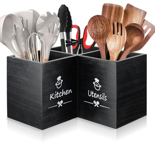 Wooden Kitchen Utensils Holder with 3 Compartments, Large Wooden Large Utensil Caddy Organizer for Counter, Utensil Organizer for Kitchen Countertop, Cooking Utensil Crock for Silverware Spoon Spatula