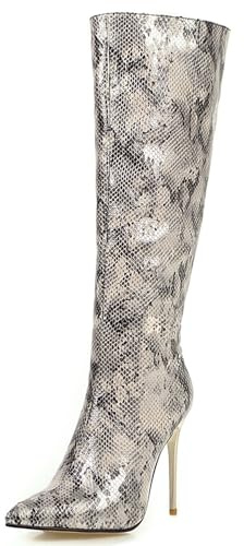 Gicoiz Aiguille Botte Haute Jusqu'Au Genou Femme Pointu Hiver Dancing Fête Stylish Riding Booty Zip Soirée Talons Hauts Cuir Verni Gris Taille 44 EU-46Cn