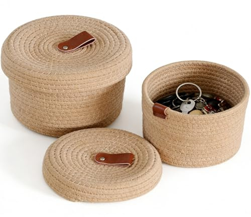 2er-Set Juteseilkorb mit Deckel, Dekorative Flechtkörbe mit Ledergriff, Runder Aufbewahrungskorb für Bad, Schreibtisch & Haushalt – Kompakte Körbe mit Deckel (18x15 cm)