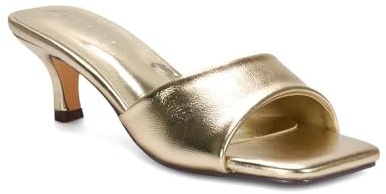 ESSEX GLAM Women's Kitten Heel Sandals Ladies Gold Metallic Synthetic Leather Slip On Heeled Mule Square Toe Shoes Size 7