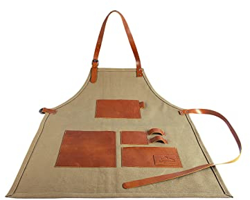 Alpenleder Gartenschürze ROSENSTRAUCH – Canvas Garten Arbeitsschürze – Schürze mit Echt Leder Zubehör-Taschen und Laschen für Damen und Herren (Universalgröße S - XXL, Laubgrün/Cognac)