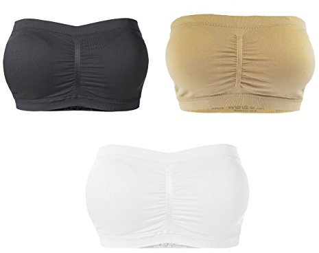 CLUBCORSETS Pack of 3 Strapless Bra Tube Top Bandeau Style Removable Padding Bra Seamless Stretch (3pcs a Set) … (Multicoloured, XX-Large)