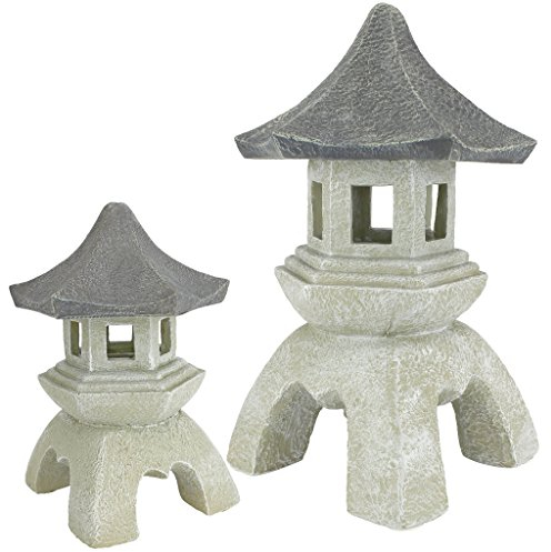 Design Toscano Arredo in Stile Asiatico Lanterna Pagoda Statua per Esterni, poliresina, Pietra Bicolore, Media 25,5 cm And Grande 43 cm, Confezione da Due